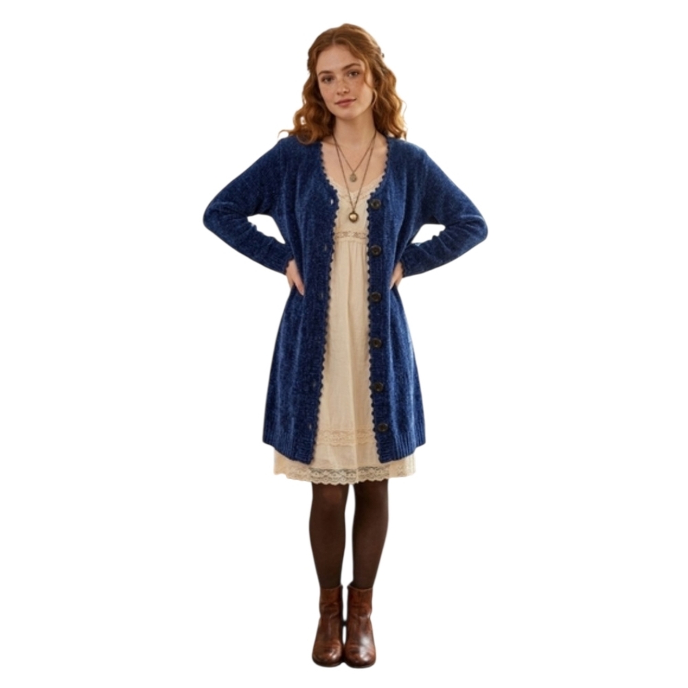LG Vintage D.A.R. Cobalt Blue Chenille Cardigan Scalloped Trim Whimsigoth Duster